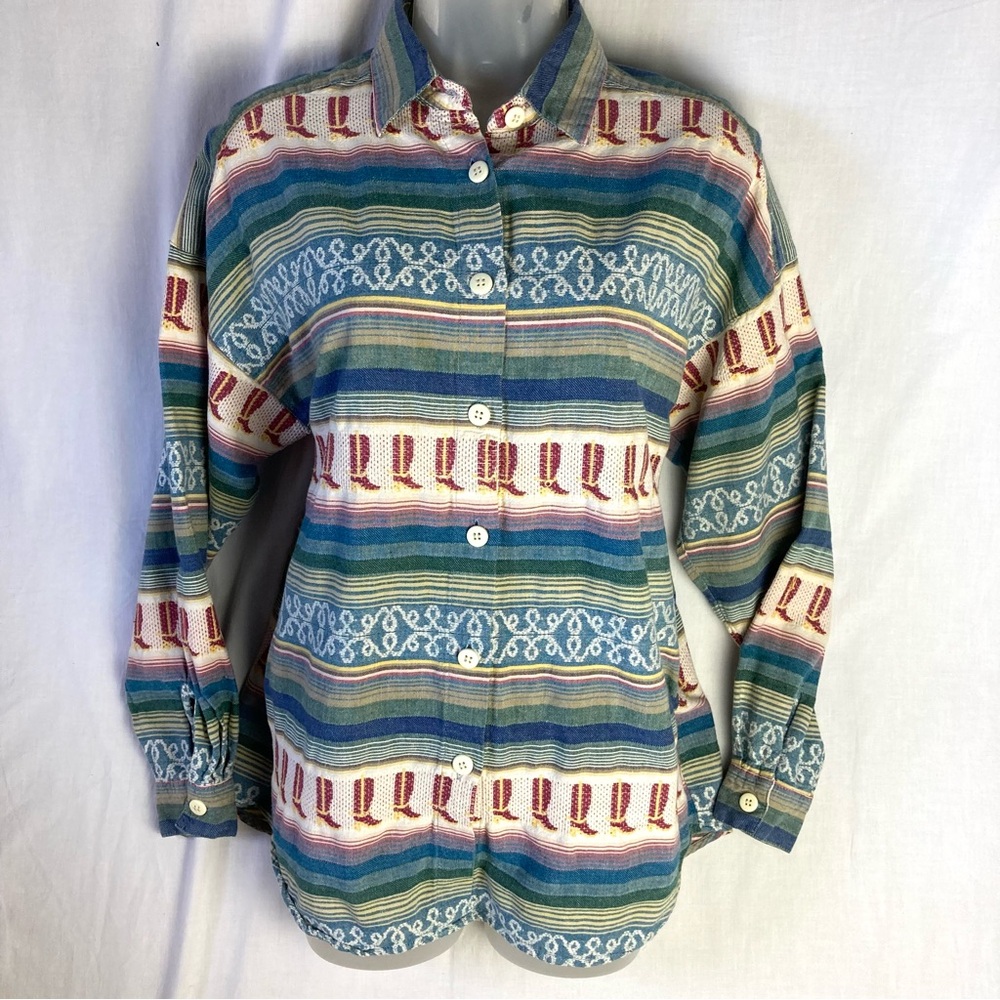 Vintage Southwestern Cowgirl Woven Boots Button Down Shirt